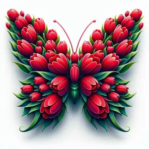 Butterfly Made of Red Flower Petals and Green Leaves