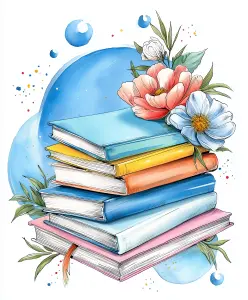 Stack of Colorful Books with Flowers Illustration