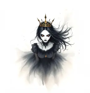 Dark Gothic Queen with Fiery Eyes and Flowing Black Dress