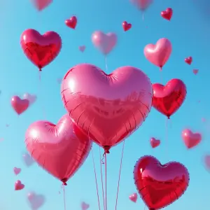 Red and Pink Heart-Shaped Balloons Floating Against Blue Sky