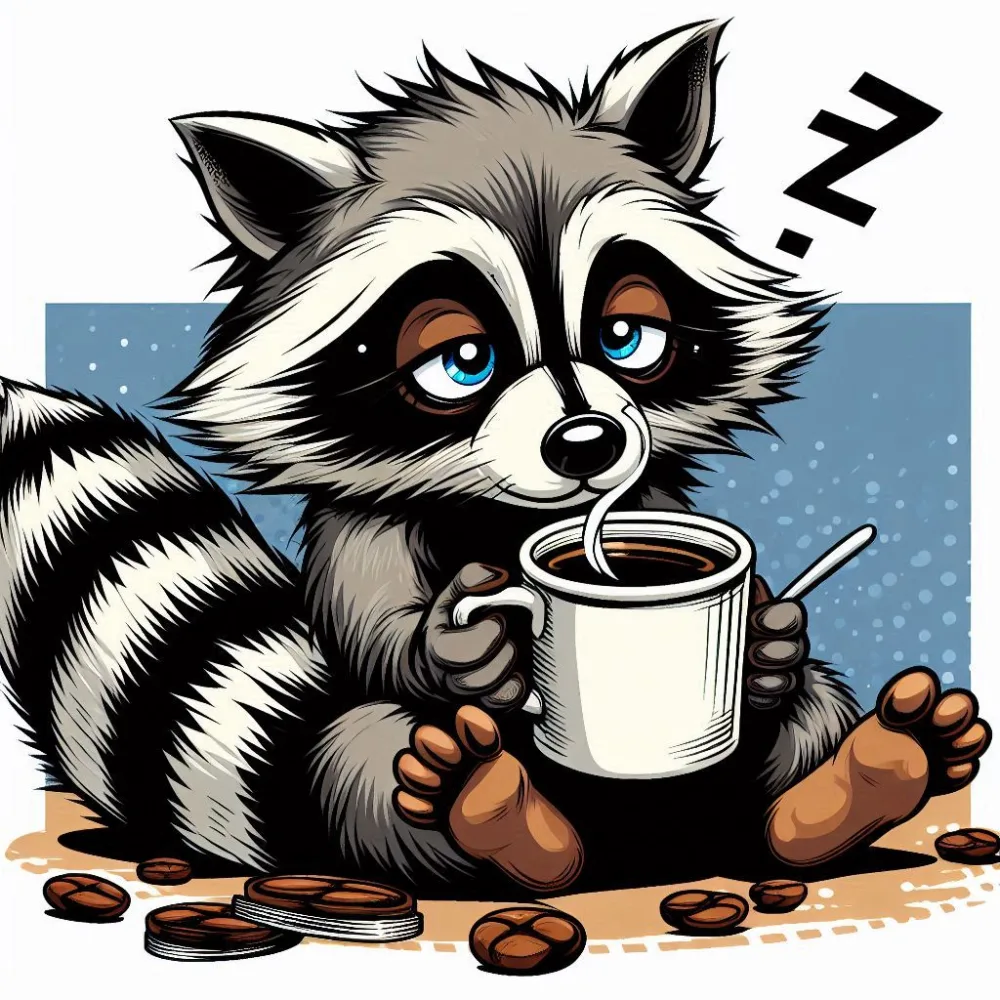 Tired Raccoon Drinking Coffee Illustration