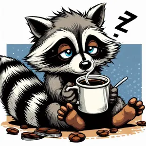 Tired Raccoon Drinking Coffee Illustration