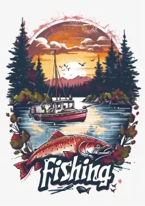 Sunset Fishing Scene with Boat and Large Trout