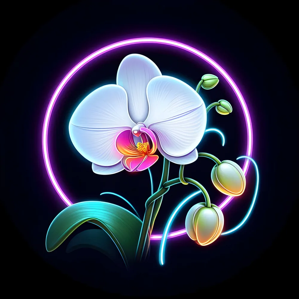 Neon Light White Orchid with Buds on Black Background
