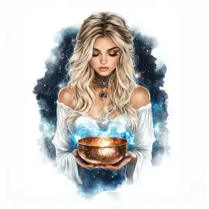 Fantasy Art of a Blonde Woman Holding a Magical Glowing Bowl