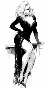 Black and White Illustration of Woman in Elegant Evening Dress