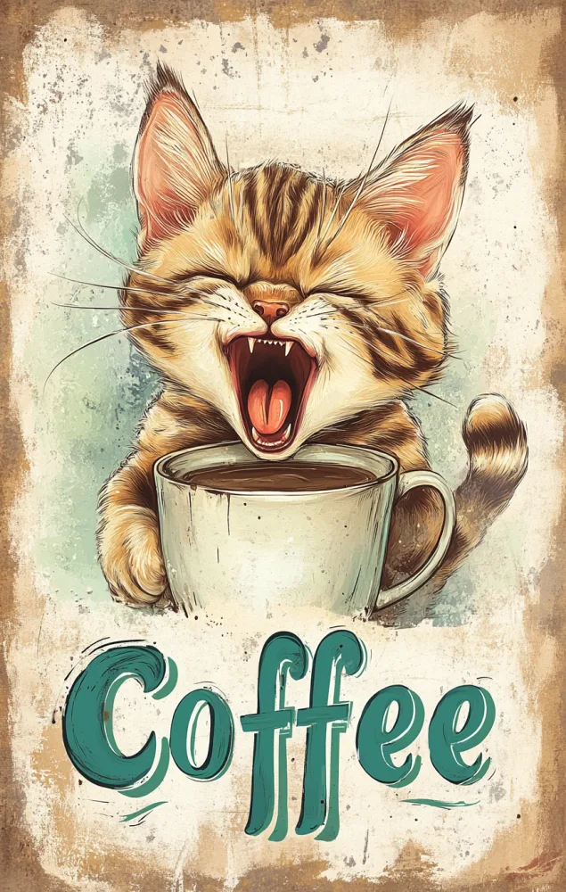 Illustration of Yawning Kitten with Coffee Cup