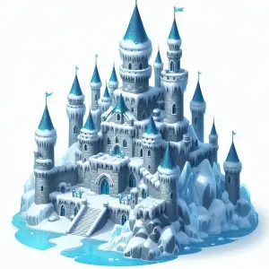 Snowy Ice Castle with Blue Turrets on Frozen Island