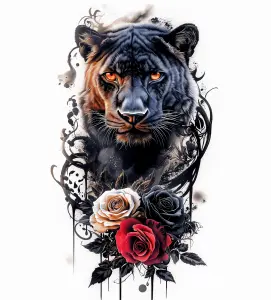Digital Art of Fierce Panther with Colorful Roses and Abstract Vines