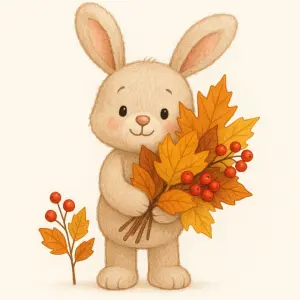 Cute Bunny Holding Autumn Leaves and Berries Illustration