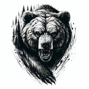 Black and White Illustration of Aggressive Bear with Pine Trees