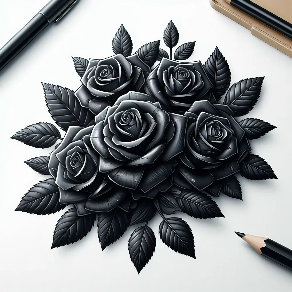 Black Ink Roses Drawing with Leaves on White Paper