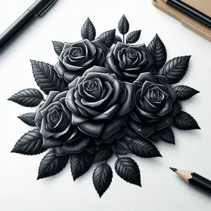 Black Ink Roses Drawing with Leaves on White Paper
