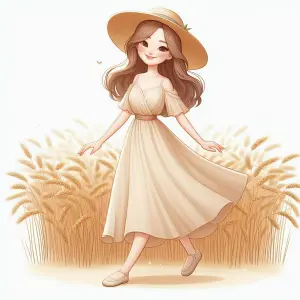 Illustration of Woman in Sunny Wheat Field