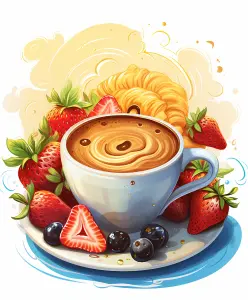 Cup of Coffee with Fresh Strawberries, Blueberries and Croissant