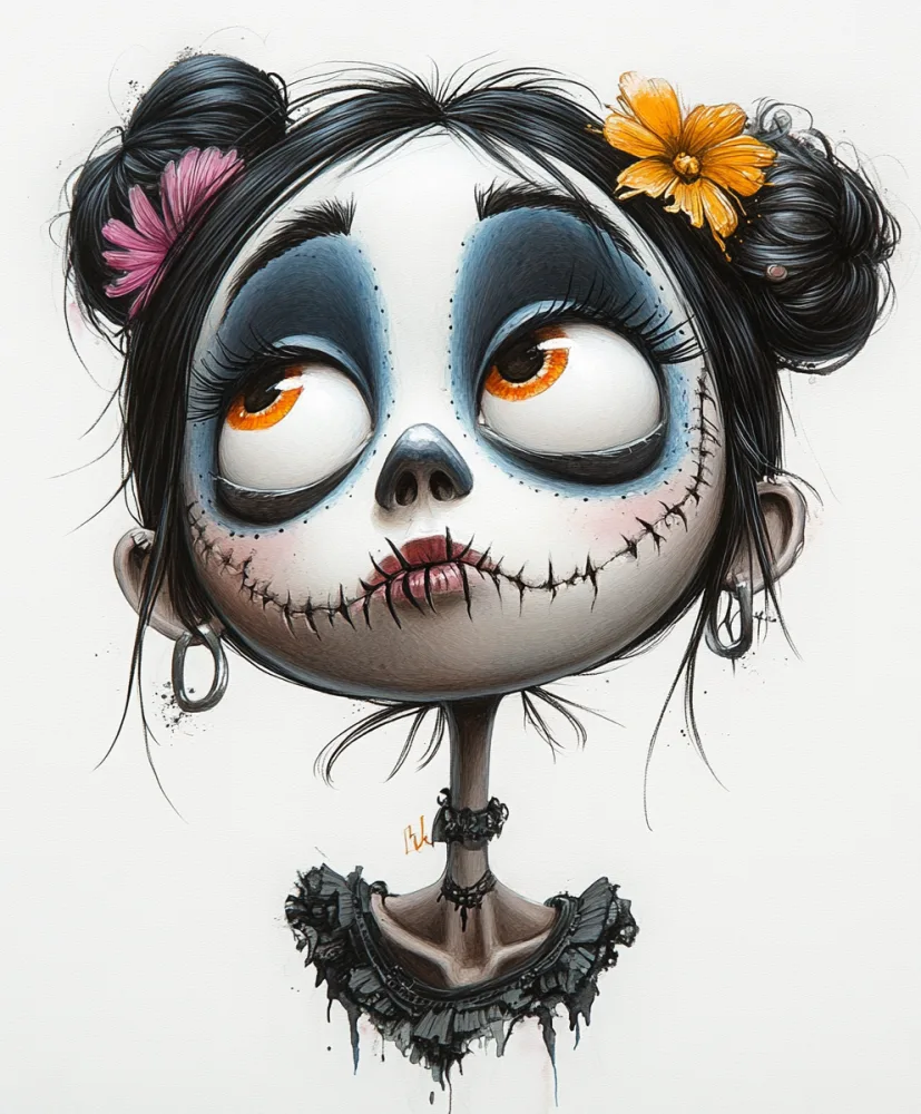 Stylized Cartoon Girl with Day of the Dead Makeup and Flowers in Hair