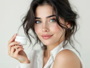Smiling Woman Holding White Cosmetic Cream Jar