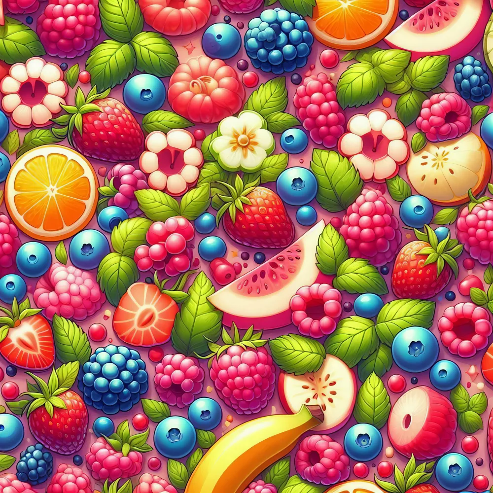 Colorful Mixed Berry and Fruit Pattern with Green Leaves