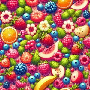 Colorful Mixed Berry and Fruit Pattern with Green Leaves