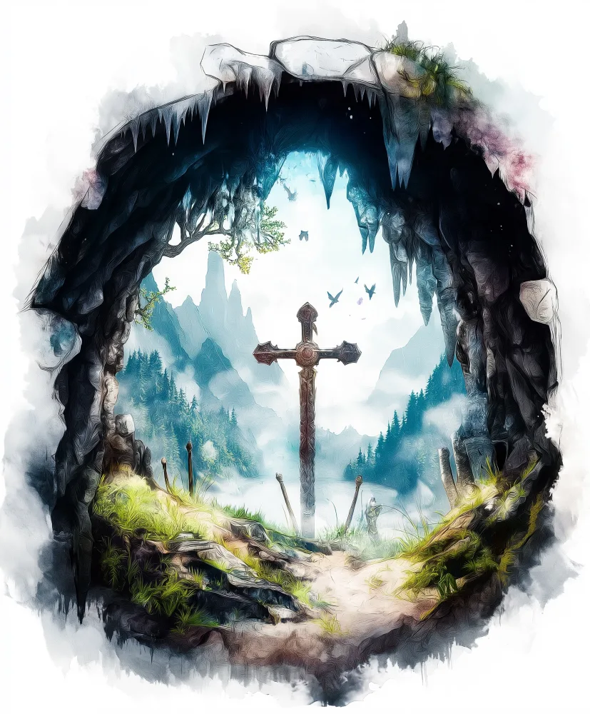Medieval Cross in a Mountain Landscape Viewed from a Cave Entrance