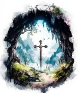 Medieval Cross in a Mountain Landscape Viewed from a Cave Entrance