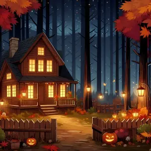 Cozy Autumn Night at a Lit Cabin with Halloween Pumpkins