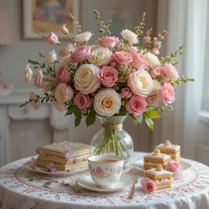 Elegant Tea Setting with Pink and White Roses and Layered Cakes