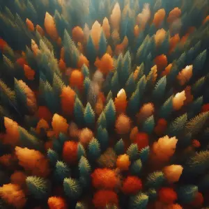 Aerial View of Autumn Forest with Evergreen and Colorful Deciduous Trees