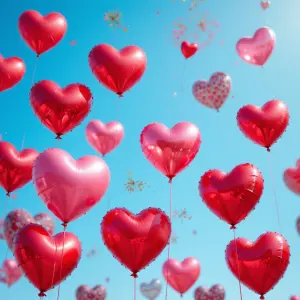 Floating Red and Pink Heart-Shaped Balloons Against Blue Sky
