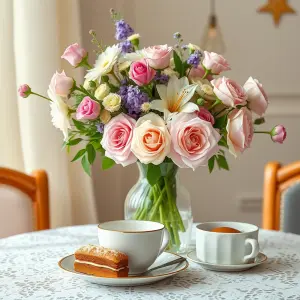 Tea Time with Fresh Flower Bouquet and Pastry