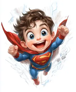 Cartoon Boy Dressed as Superman Flying Joyfully