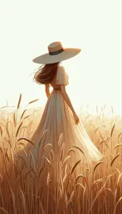 Woman in Flowing Dress and Wide-Brimmed Hat Standing in Wheat Field