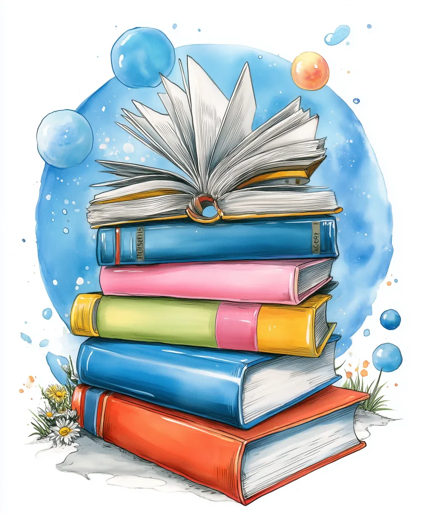 Colorful Stack of Books with Open Book and Abstract Blue Background