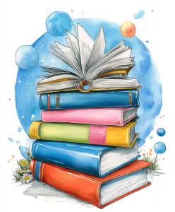 Colorful Stack of Books with Open Book and Abstract Blue Background