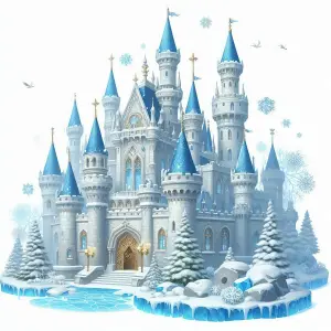 Snowy Fairy Tale Castle with Blue Turrets
