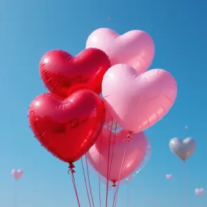 Red and Pink Heart Shaped Balloons Against Blue Sky