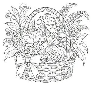 Black and White Line Drawing of Flower Basket with Bow