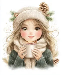 Cozy Winter Girl Holding Hot Cocoa with Pinecone Hat Decoration