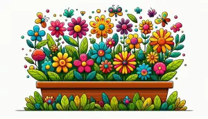 Colorful Cartoon Flowers in Wooden Planter Box