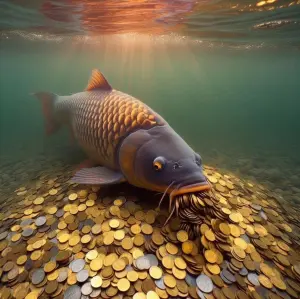 Carp Fish Underwater Surrounded by Coins