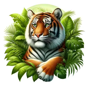 Realistic Portrait of a Tiger Among Tropical Leaves