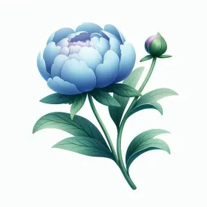 Blue Peony Flower Illustration with Bud and Leaves