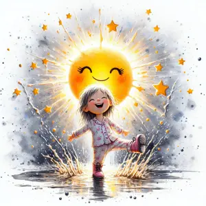 Joyful child dancing with smiling sun and stars illustration