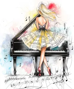 Illustration of Woman in Musical Dress by Grand Piano