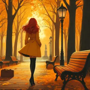 Woman with Red Hair Walking in Autumn Park Alley