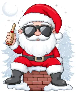 Cool Santa Claus Wearing Sunglasses Holding Bottle Sitting on Chimney