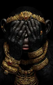 Ornate Monkey Wearing Gold Jewelry Covering Eyes