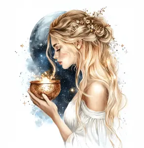 Fantasy Illustration of Woman with Golden Bowl and Starry Moon