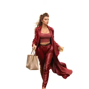 Fashionable Woman in Red Outfit Carrying Beige Handbag