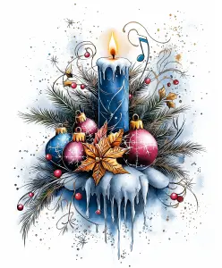 Festive Winter Candle Arrangement with Christmas Ornaments and Pine Branches